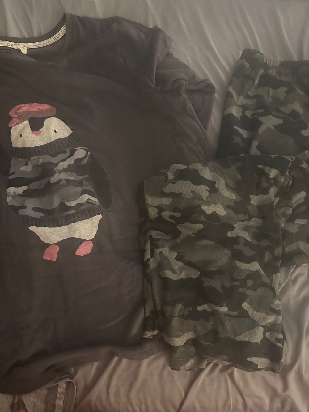 HUE Women's Black & Gray Long Sleeve Camo Penguin Pajama Set with Pink Accents